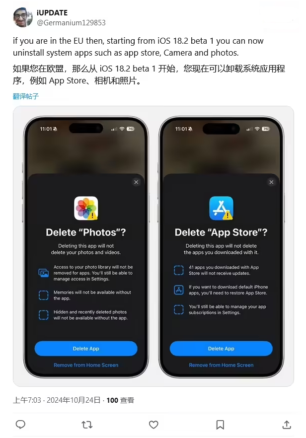 宜州苹果手机维修分享iOS 18.2 支持删除 App Store 应用商店 